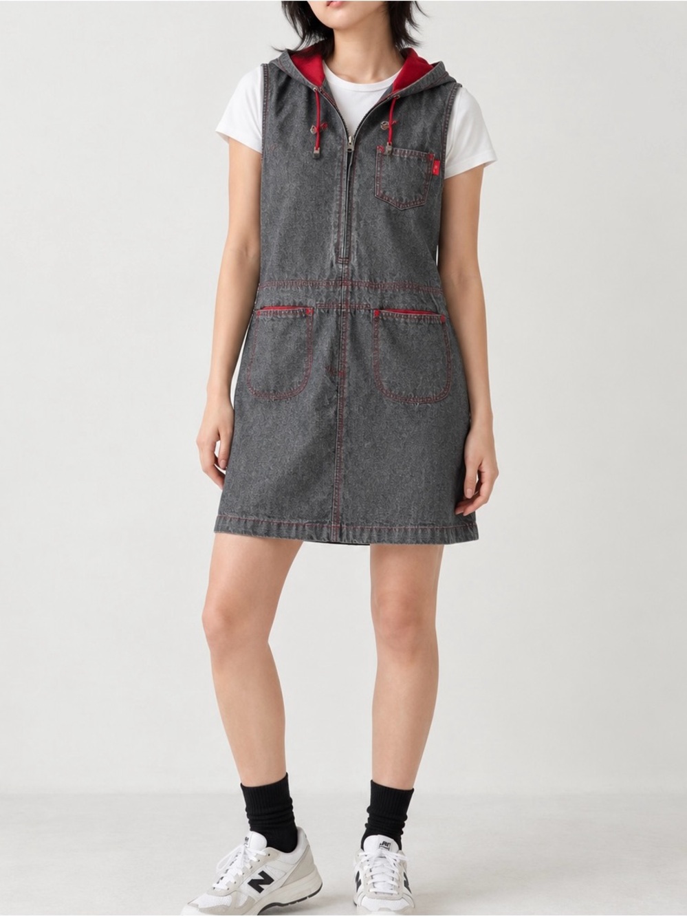 Sleeveless Hooded Denim Dress with Red Stitching and Drawstring